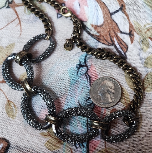 Dark Brass Antiqued Pave Dark Grey Smoke Rhinestones Link Chain Necklace LOFT - Picture 7 of 8